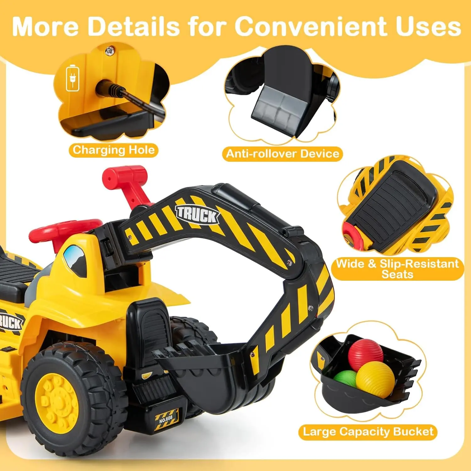 Electric Ride on Push Car, Toddler Bulldozer Digger w/Balls & Basketball Hoop, Outdoor Digging Scoop, Flexible Bucket, 6V Ride o