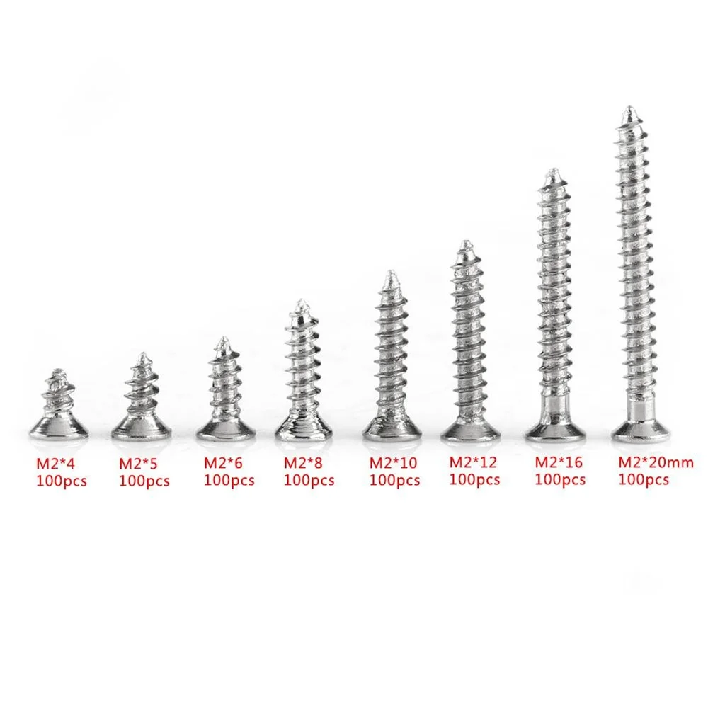 800Pcs M2 Cross Flat Head Screws, 4mm-20mm Plated Carbon Steel Flat Head Screws Self Tapping Screws Wood Screws Assortment Kit