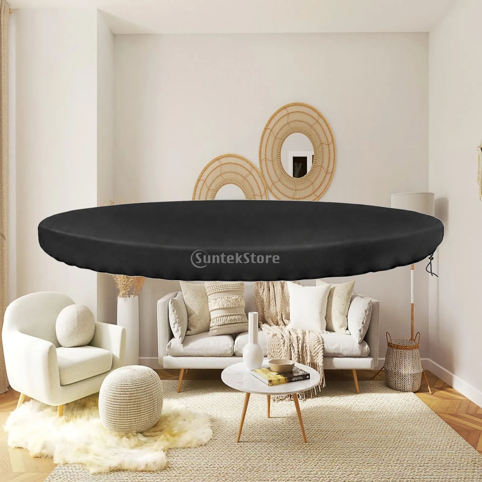 Circular Fire Pit Cover for Outdoor Fireplace Heavy Duty Oxford Cloth Windproof Dust Shield with Drawstring