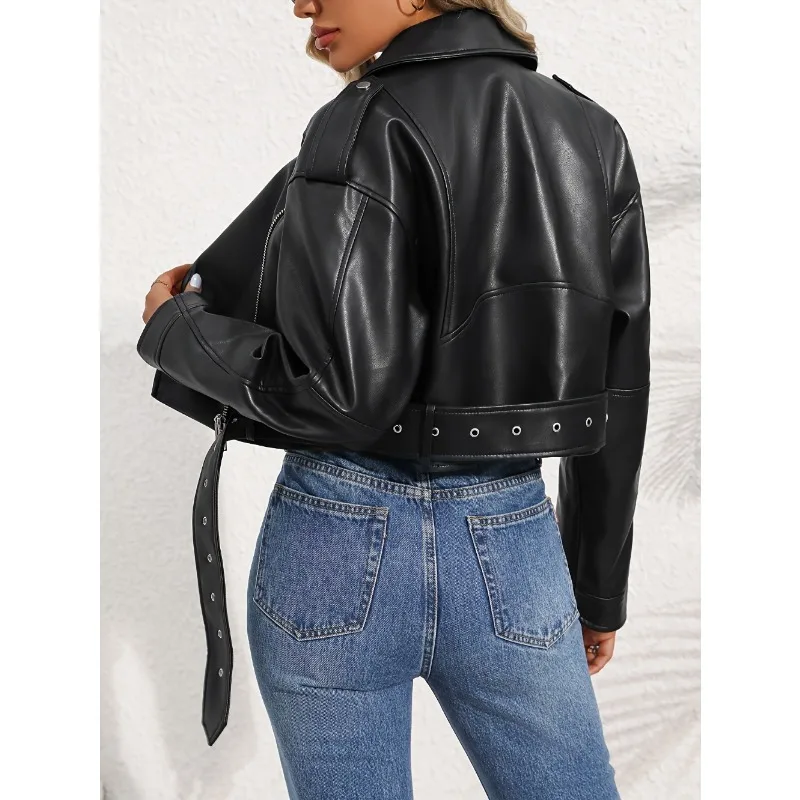 Outono inverno topo feminino jaqueta de couro do plutônio casual senhora lapela zíper na moda roupas da motocicleta leve casaco clássico (sem bolso)