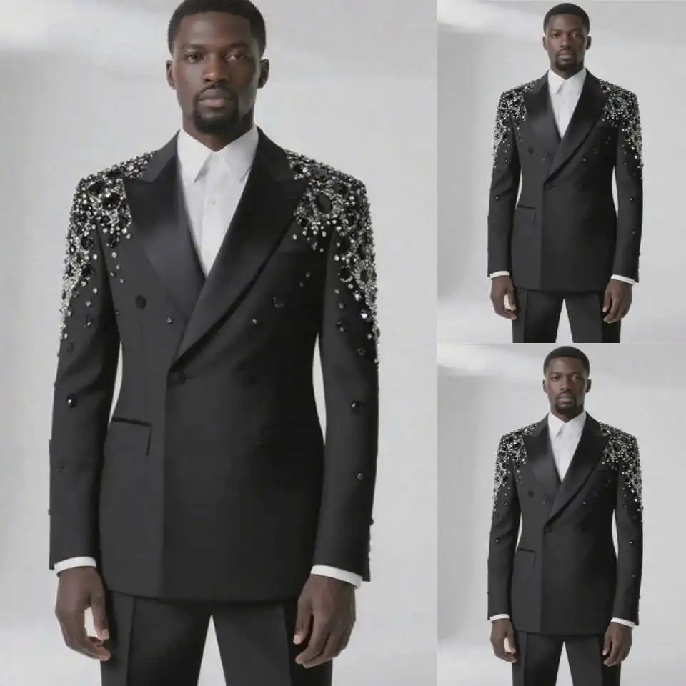 Plus Size Wedding Tuxedos Peaked Lapel 2 Piece Set Men Suit Luxury Crystal Jacket Pant Evening Blazer Banquet Customized