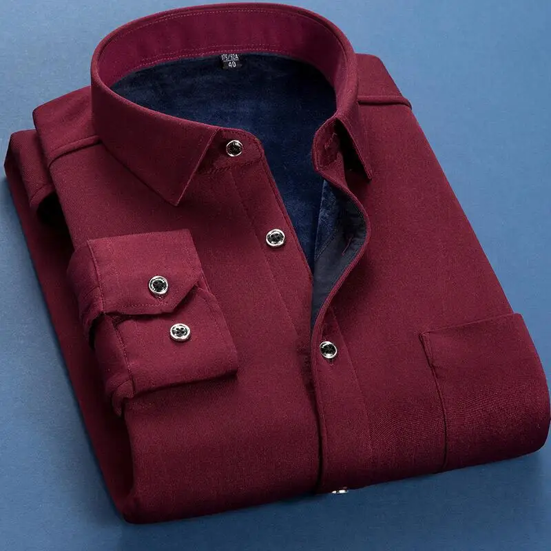 Autumn Winter Men's Fleece Warm Shirt Male Fashion Solid Long Sleeve Business Big Size Shirt Plaid Thick Warm Shirt M-6XL