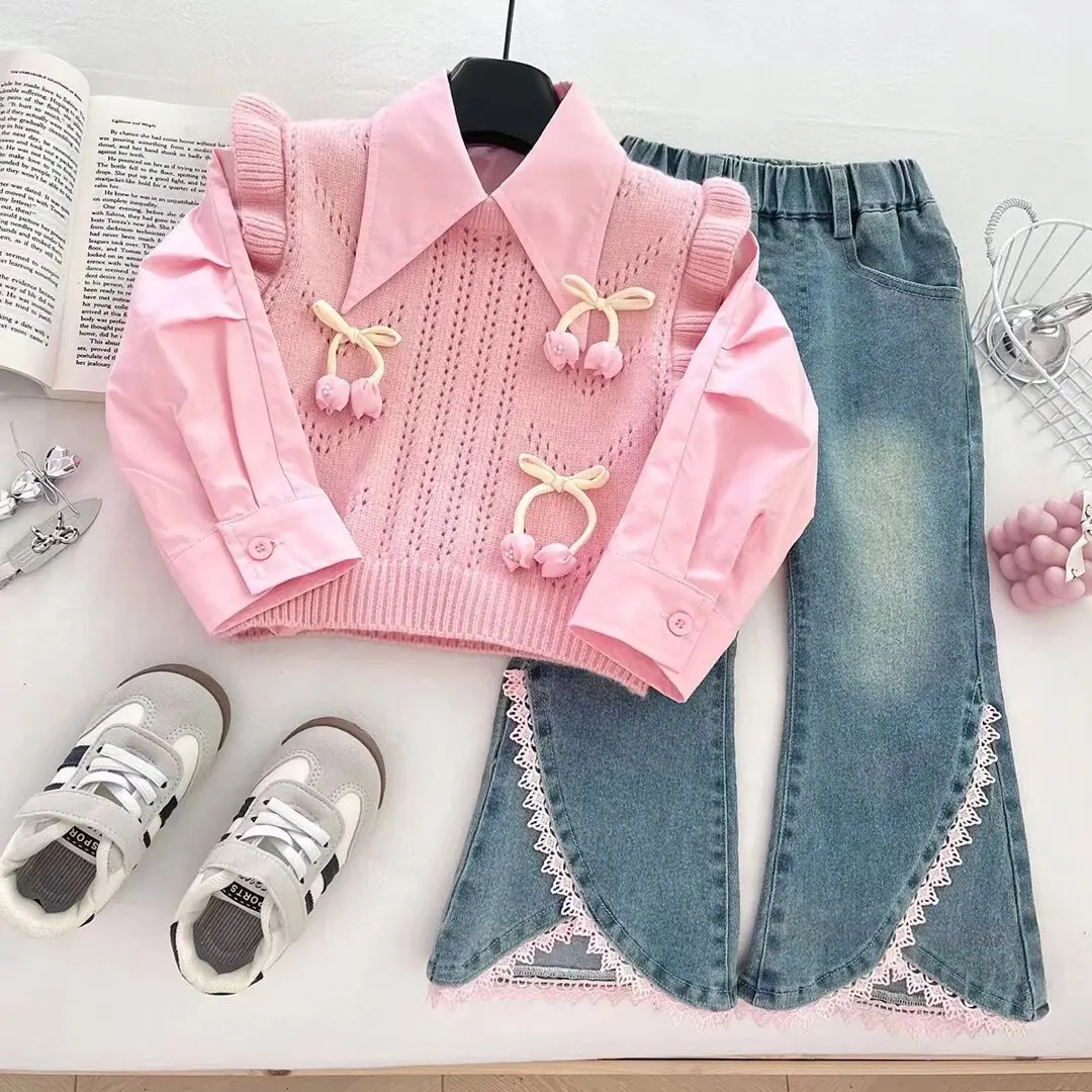 

Girls Suit 2026 Autumn New Childrens Clothes Girls Baby Flowers Knitted Waistcoat Long Sleeve Lapel Shirt Lace Jeans Three Sets