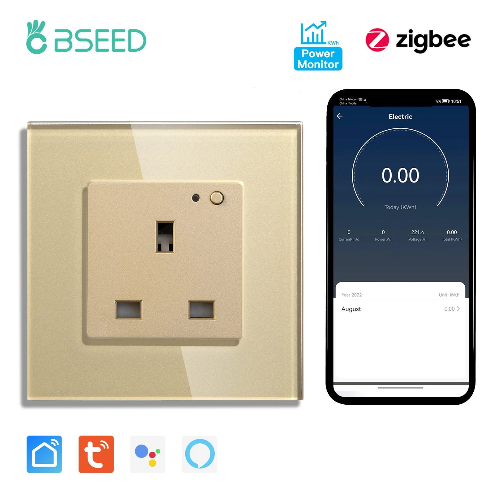 BSEED UK Standaard Zigbee Power Monitor Socket Slimme dubbele elektrische stopcontacten Tuya Smart Iife Google Home Control 13A