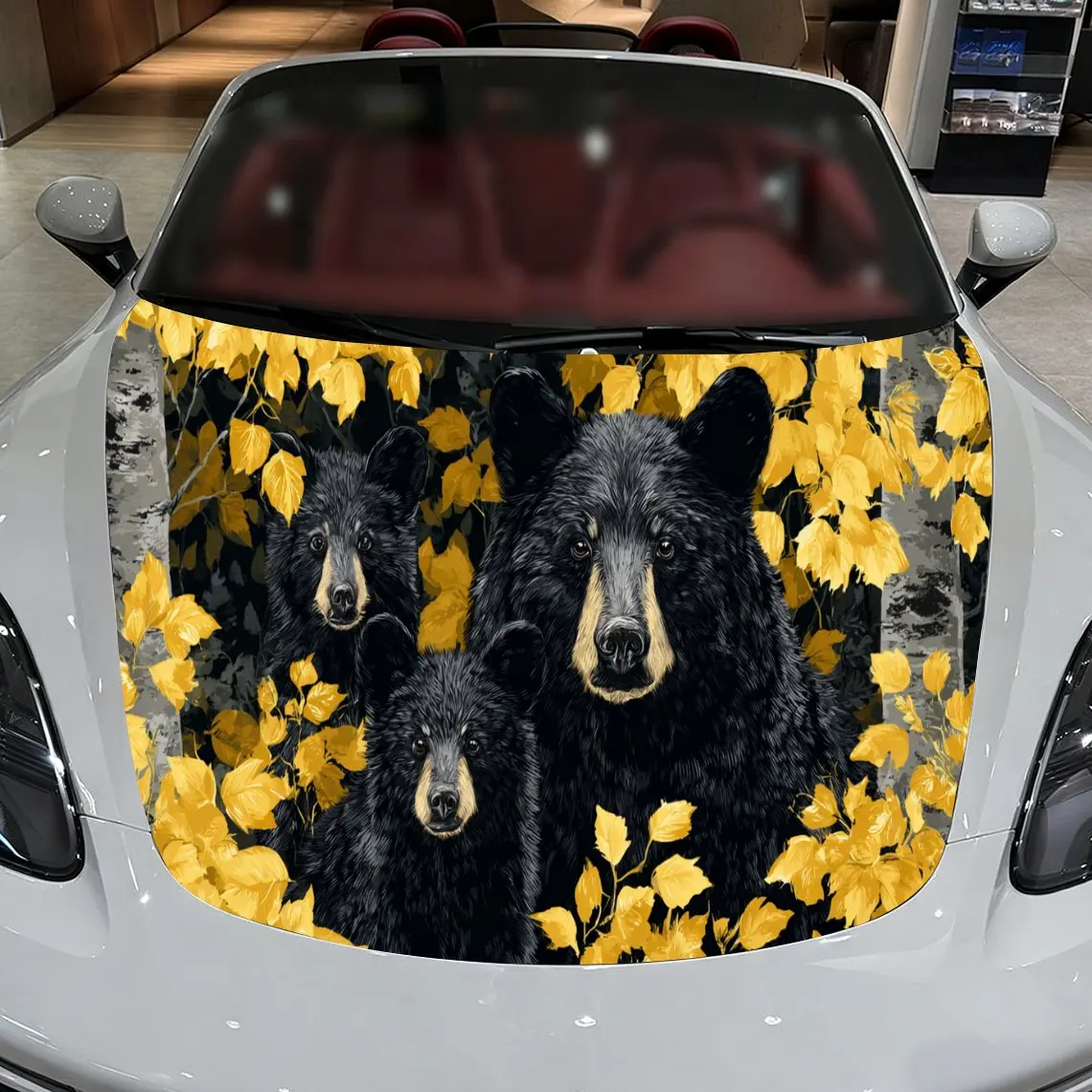 Car Decals A Bear Family Design with Yellow Foliage Elements in a Vibrant, Autumn-Inspired Textured Background with Artistic, He