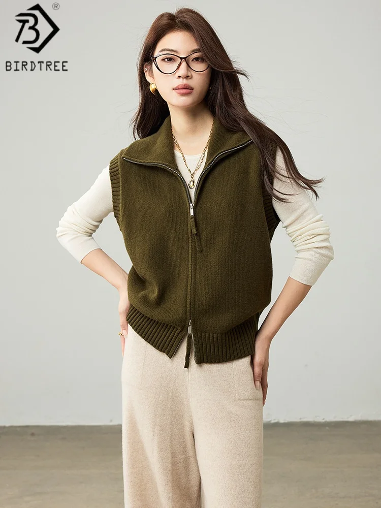 

Birdtree Вязаный жилет из 100% овечьей шерсти с воротником с лацканами, женские модные топы на молнии без рукавов, осенний свободный жилет 2025 T59729JF