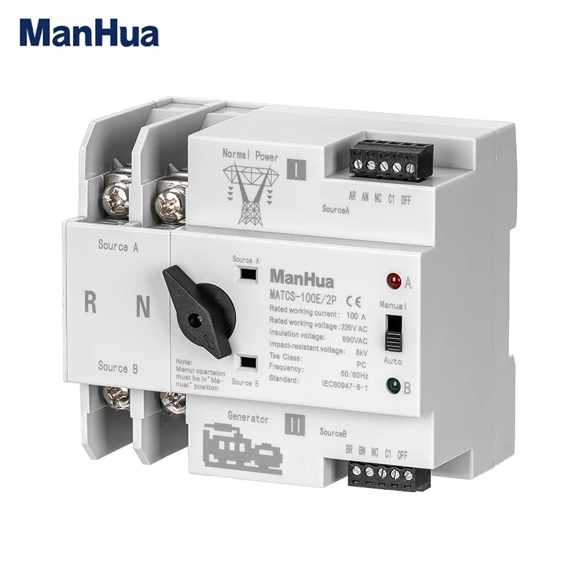 

ManHua Dual Power 100A 220VAC MATCS-100E 2P Dual Power Automatic Transfer Switch PC Type DIN-Rail Mounting Black Handle