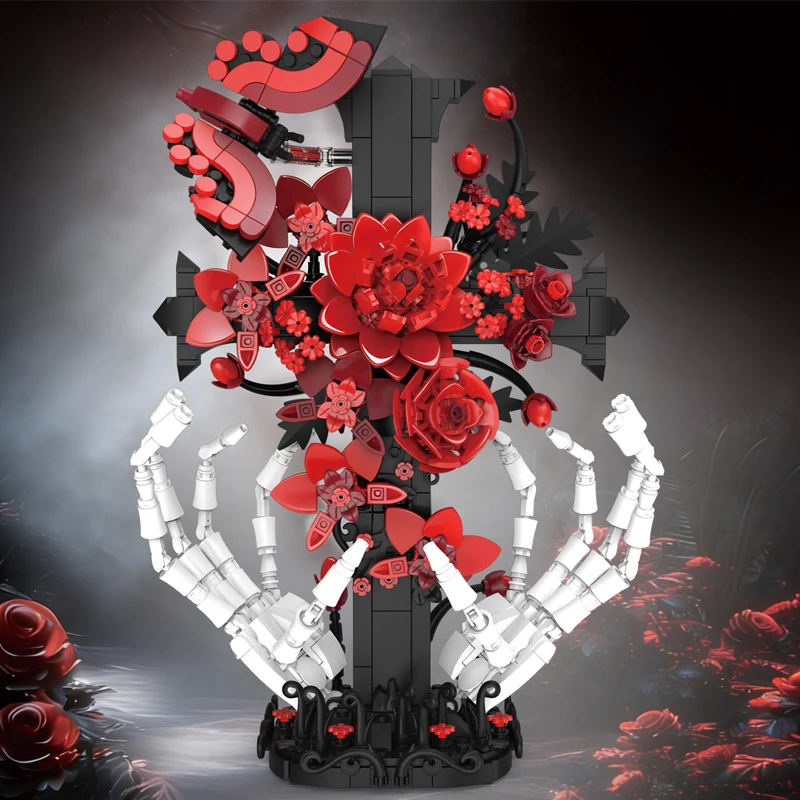 

Белый костяной череп с красной розой и крестом: конструктор-букет MOC, креативная сборная модель, украшение, подарок