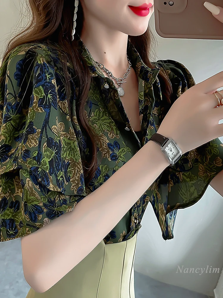 

Retro National Style Print Top Summer Buttons Blouse New Style Shirt Women's Green Printed Ruffled Short Sleeves Blusas