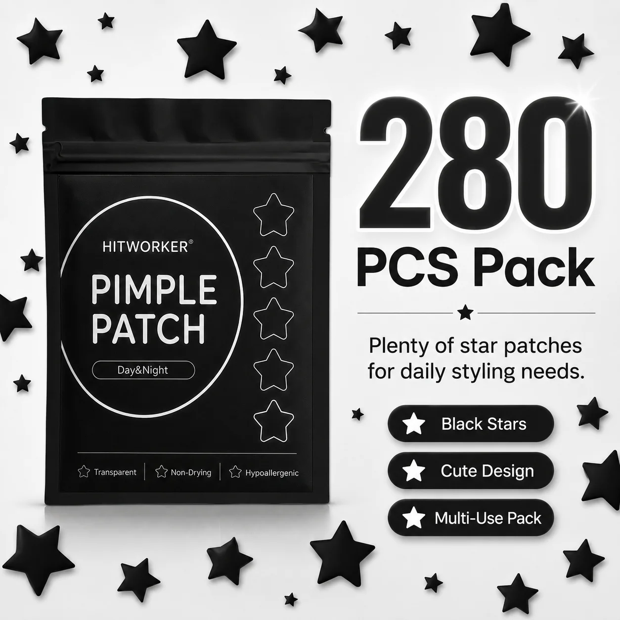 80/280pcs Star Hydrocolloid Spot Cover Patches, Black Silver Face Stickers, Invisible-Look Daily Skin Care for Day Night Use