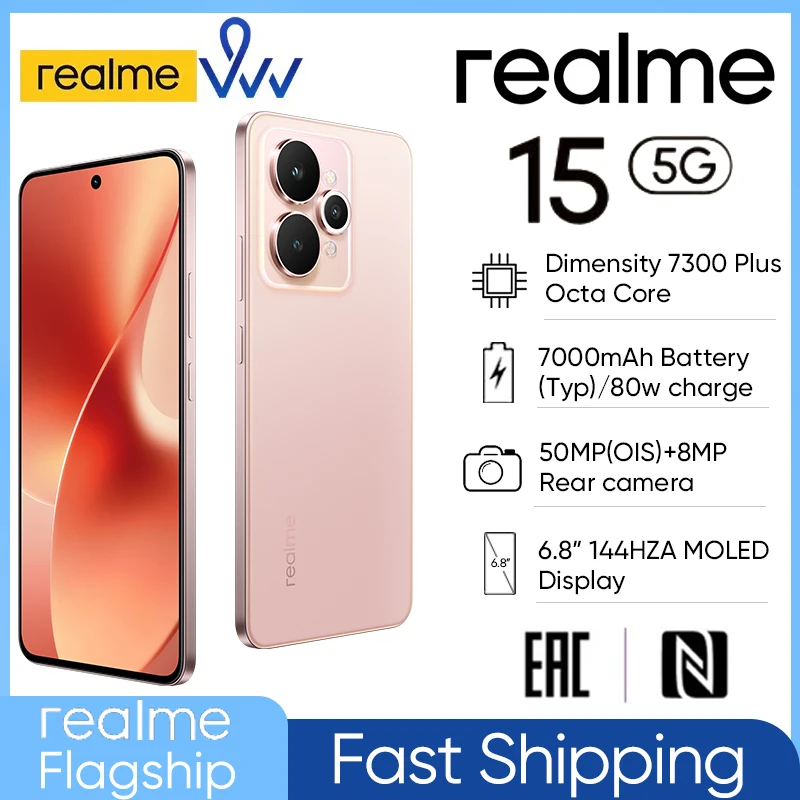 [World Premiere] realme 15 5G NFC 6.8" 144Hz AMOLED Display 7000mAh Battery Dimensity 7300 Plus Smartphone 50MP Camera 80WCharge