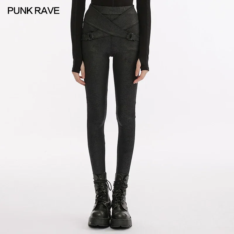 

PUNK RAVE Women's Punk Daily Cross Loops Crack Texture Printed Leggings Gothic Style Personality Casual Pants Spring/Autumn