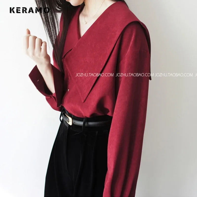 Korean Casual Style Peter Pan Collar Red Long Sleeve Solid Color Blouses 2024 Spring Women Single Breasted Luxury ELegant Shirts