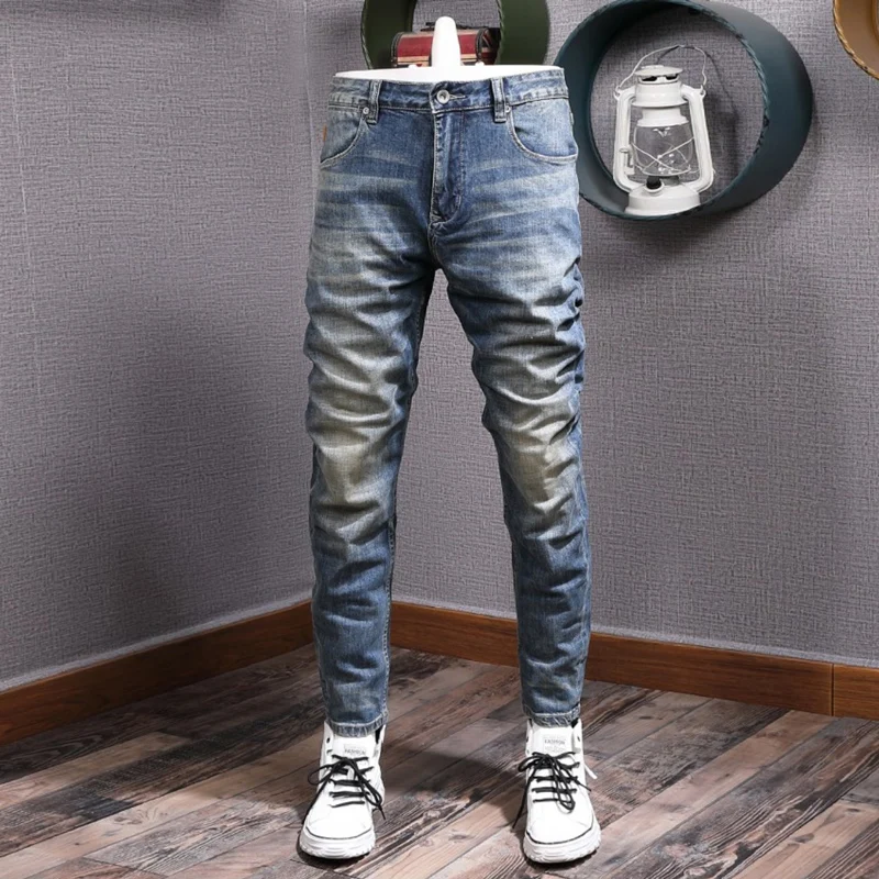 Italian Style Fashion Men Jeans High Quality Retro Blue Elastic Vintage Slim Jeans Men Classical Designer Casual Pants Hombre