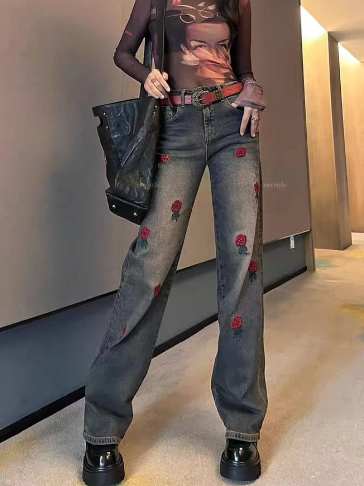 Fashion jeans women's autumn new item heavy embroidery fashion versatile elastic straight leg mop wide leg pants