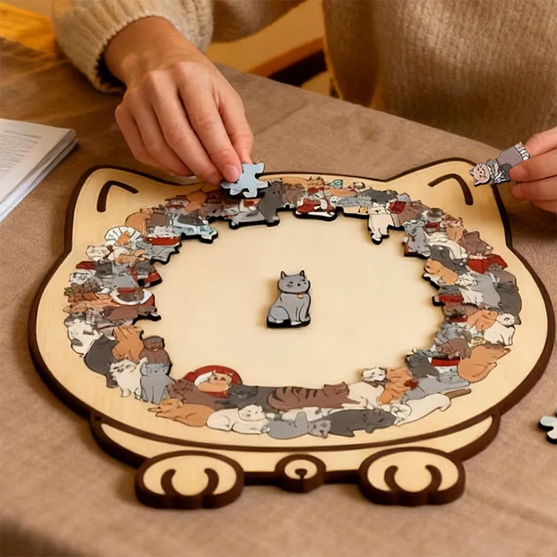  135pcs Cats Shaped Wooden Puzzle Unique Irregular Puzzle Pieces Game Birthday Xmas Gifts for Children Cozy Home Decor