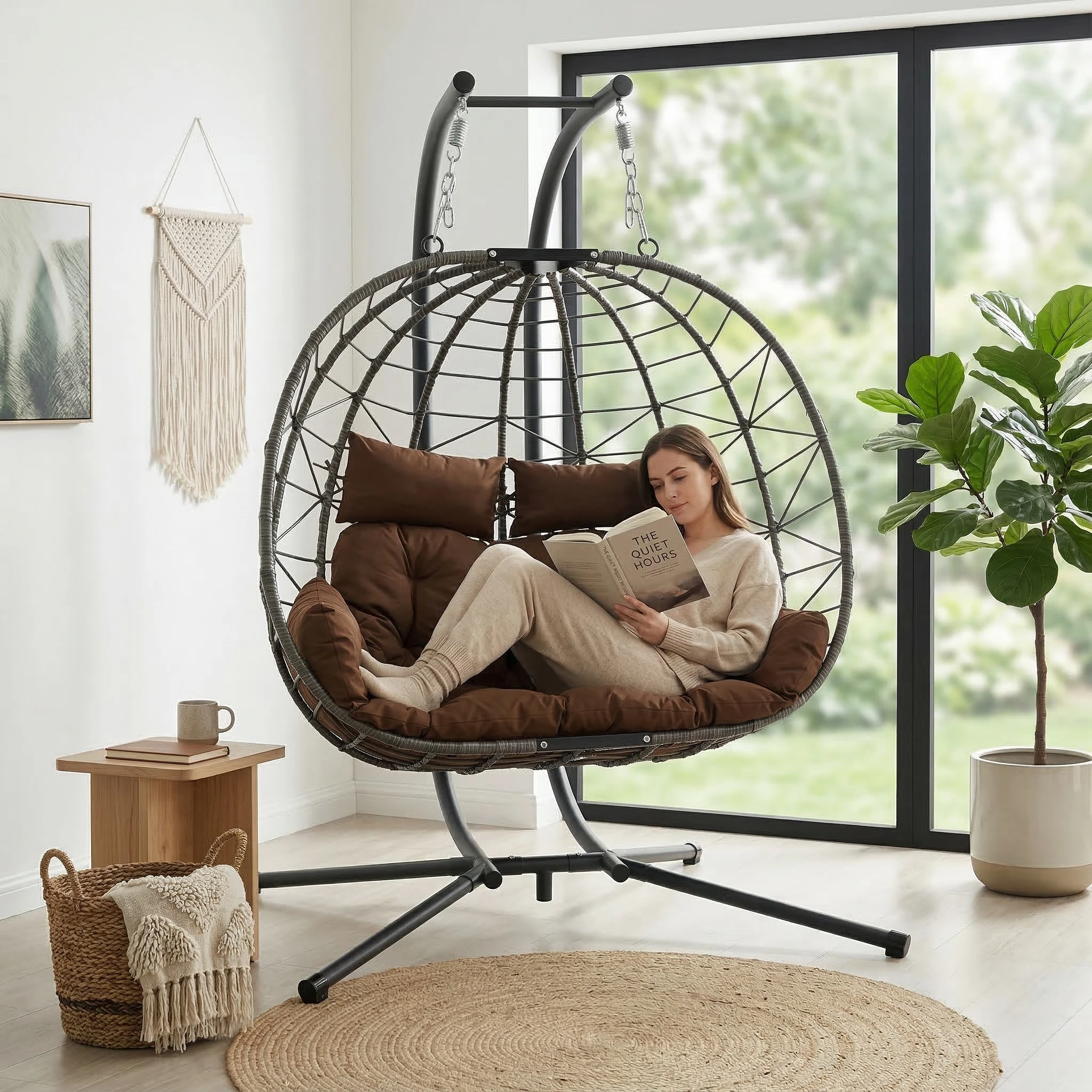 Double Hanging Egg Chair with Stand-Patio & Garden Swing Chair Cushion Loveseat for Bedroom & Balcony Indoor/Outdoor Use (Brown)
