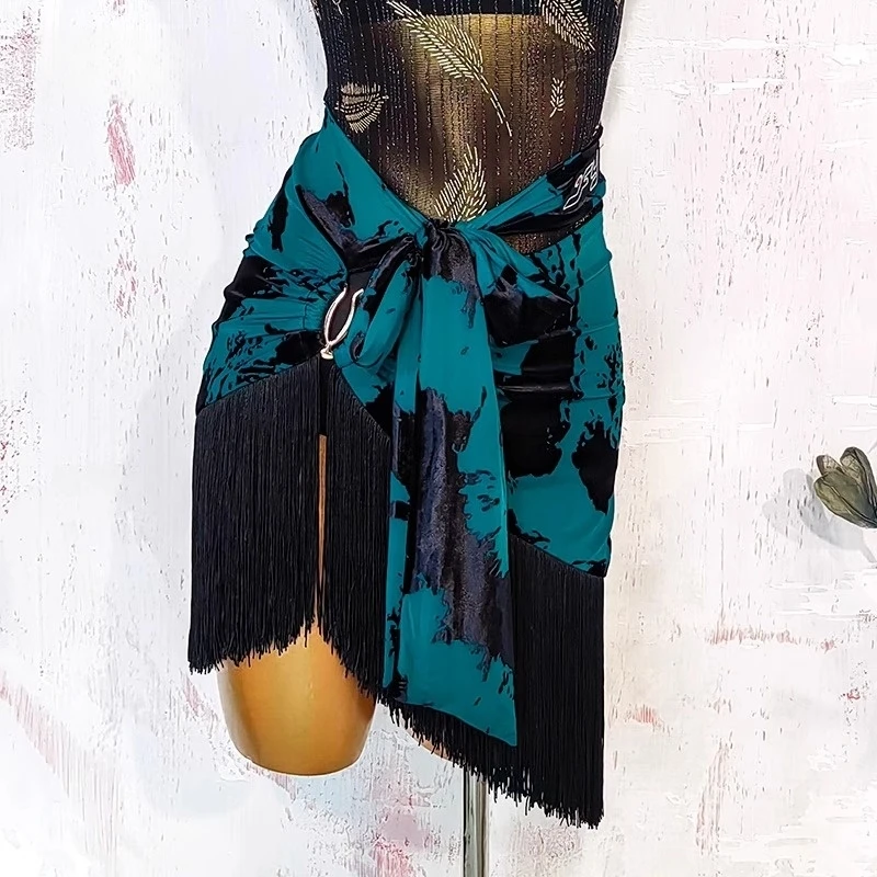 

Fan Yu Latin Dance Dress Perspective Ink-wash Flower Tassel Skirt Tango Cha Cha Dancing Performance Outfit Practice Clothes