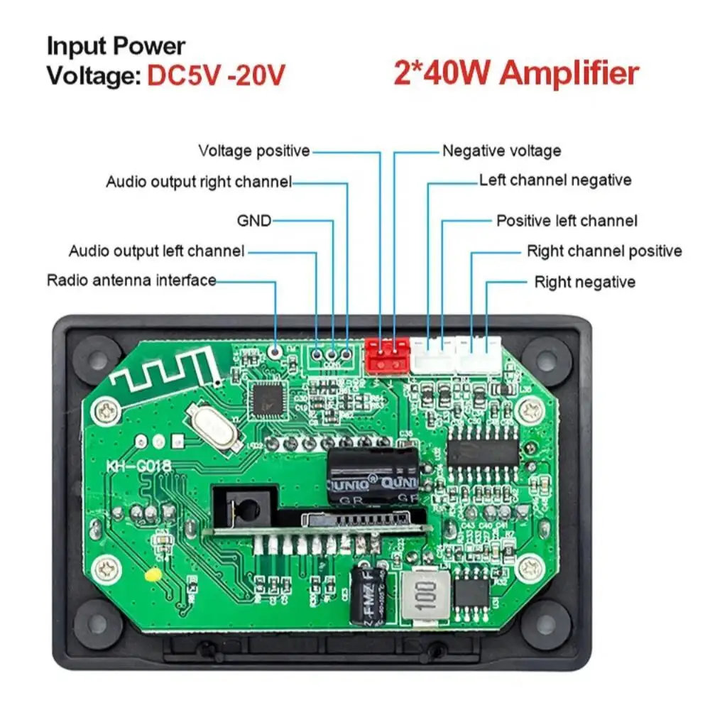 80W Amplifier MP3 WMA WAV Decoder Board USB Charging Bluetooth 5.0 Wireless Music Player 5V-20V Car FM Radio AUX Call Recording