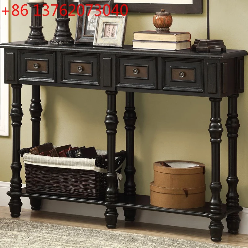French retro entrance table opposite the door, black walnut foyer cabinet