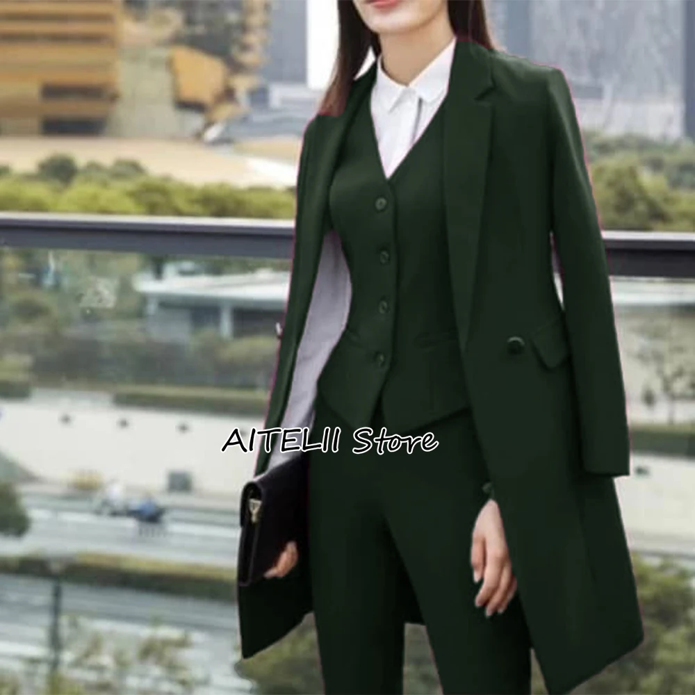 Ladies Office Pantsuit 3 Piece Single Breasted Set Women\'s Dress Suit Long Jacket Blazer Vest Pants Slim Fit Formal Outfits