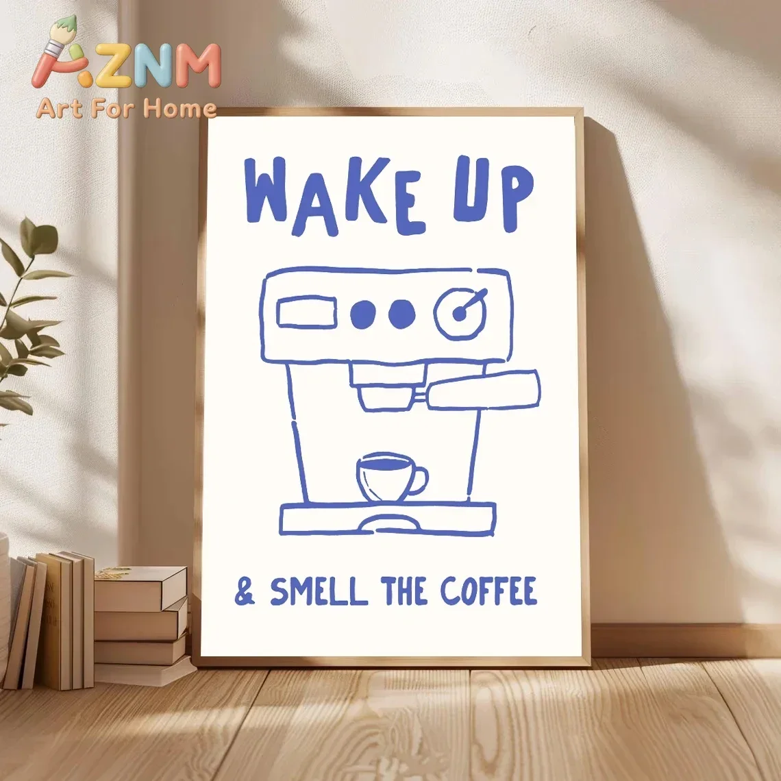 AZNM Wake Up & Smell The Coffee Canvas Prints Blue Espresso Machine Line Art Funny Quote Frameless Canvas Poster Kitchen Wall De