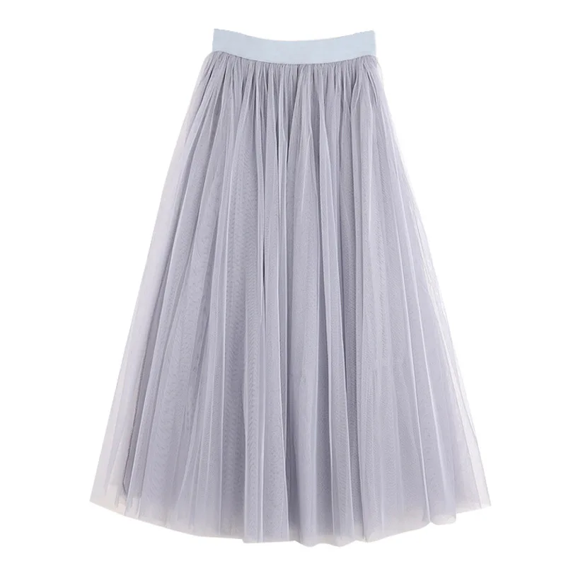 Vintage Tulle Skirt Women Elastic High Waist  3 Layers  A-line Pleated Mesh Skirt Long Bride Tutu Skirts Female Jupe Longue