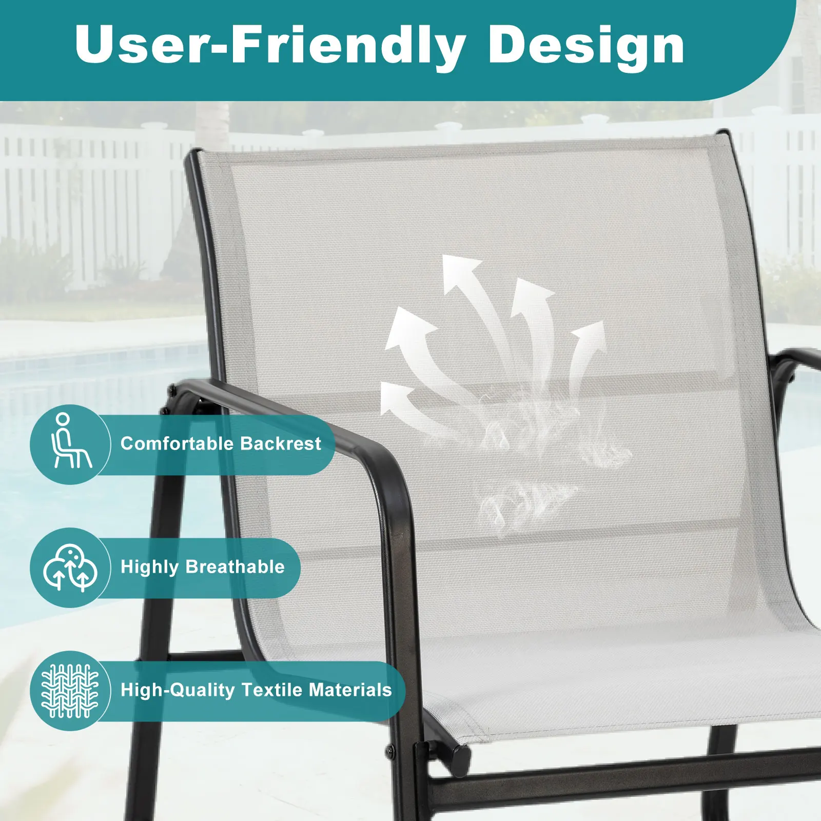 Ergonomic mesh backrest of the Muji-Inspired Minimalist Metal and Mesh Balcony Bistro Set in a quiet Japandi garden corner