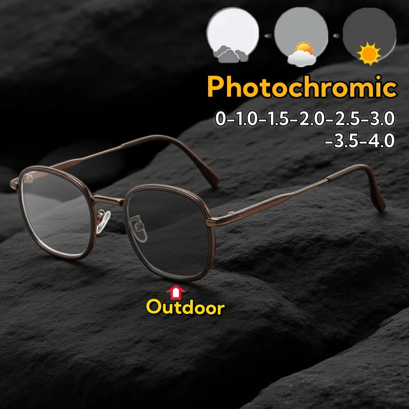 

Advanced Photochromic Round Metal Full Frame Myopia Glasses Elegant Exquisite Eye Protection Anti-Blue Light Eyewear 0 To -4.0