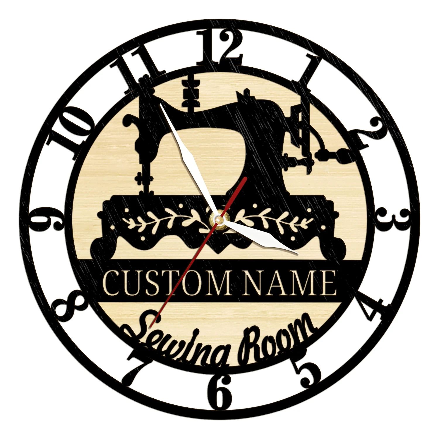Personalized Name Sewing Machine Rustic Wood Clock for Sewing Room Custom Quilting Monogram Wooden Wall Clock Mom Grandma Gift