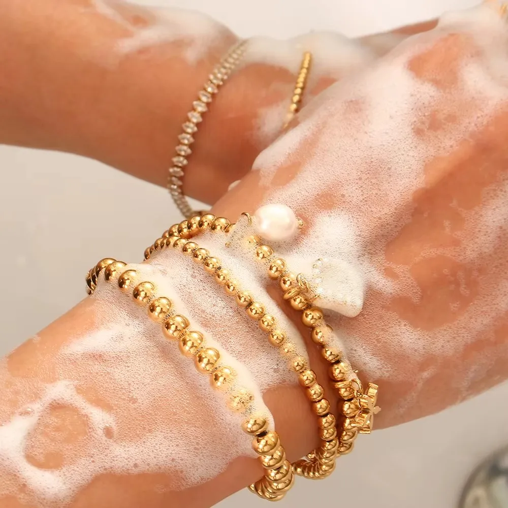 E.B.belle Waterproof Stacked 3mm 4mm 5mm 6mm Beads Elastic bracelets stainless steel women\'s jewelry Daily Accessories gift