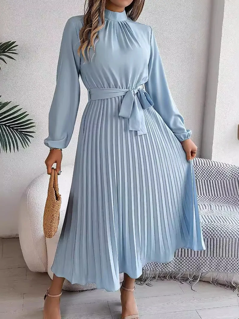 Long Sve Stand up Collar Sved Dr Color Blo Midi Skirt High Waist Knitted Summer Wrap Dr A-Line Silhouette Other