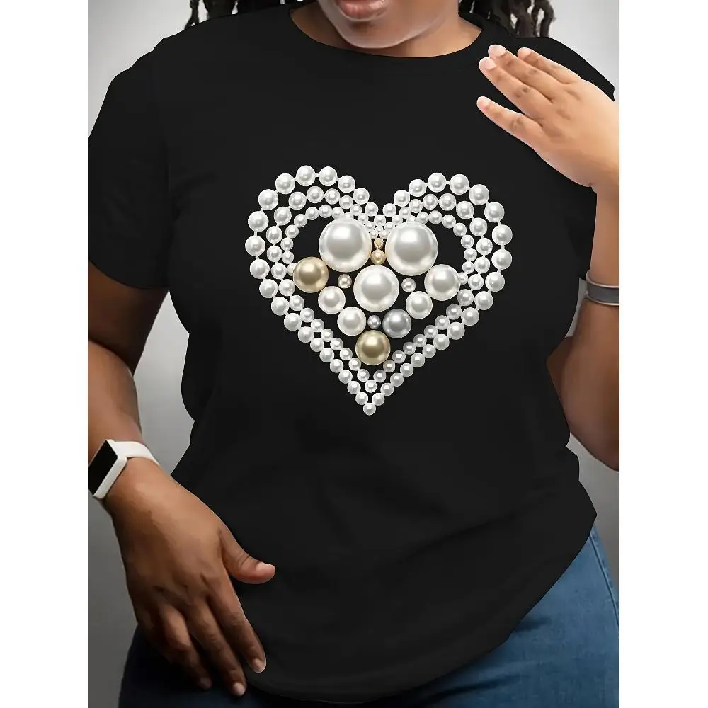여성 플러스 사이즈 블랙 하트 모양의 진주 프린트 티셔츠 - 캐주얼 라운드 넥 반팔, 여름 패션 캐주얼 탑