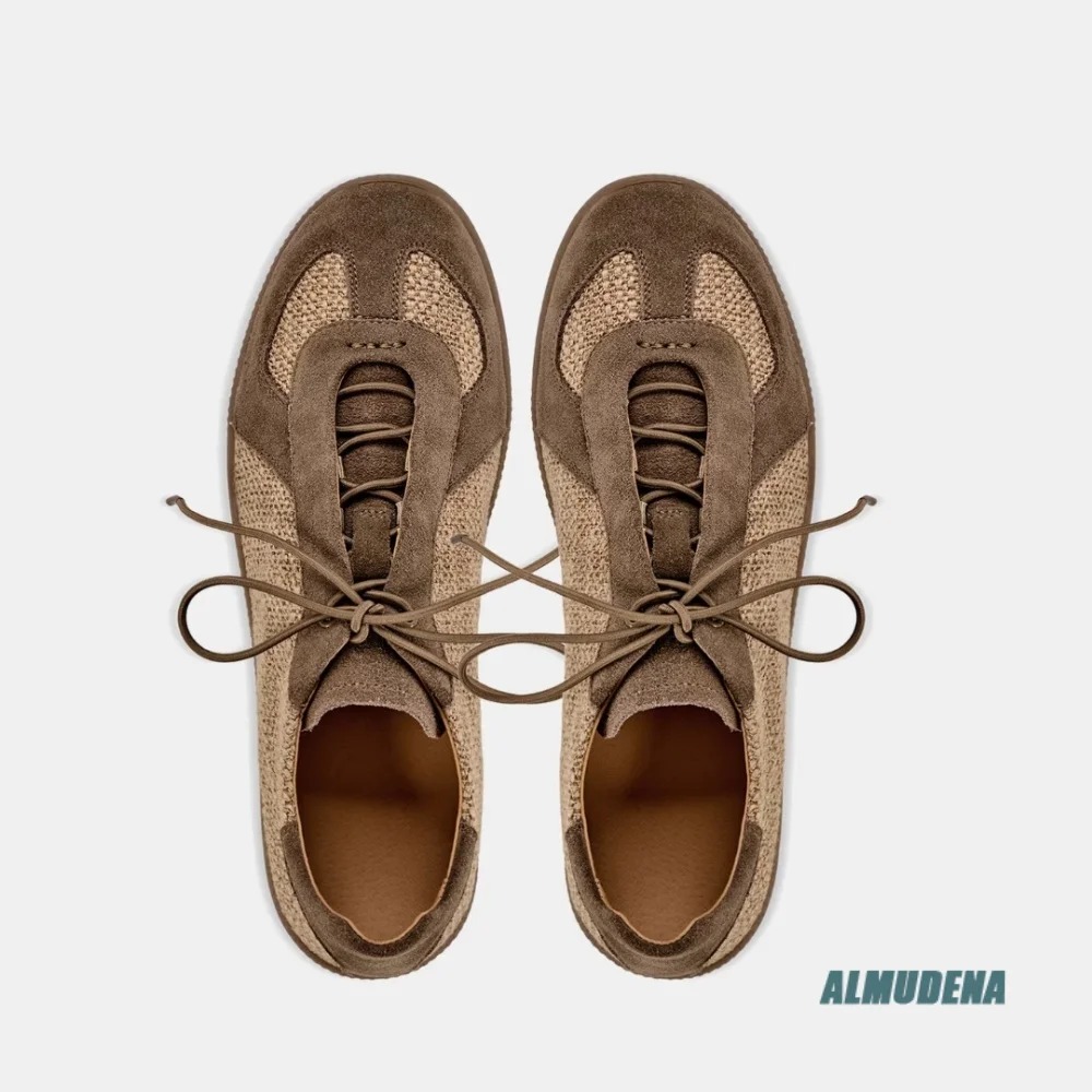 Patchwork Suede Linen Sneakers for Men Vintage Breathable Lace Up Flat Sole Shoes Versatile Daily Outdoor Comfort Walking Shoes