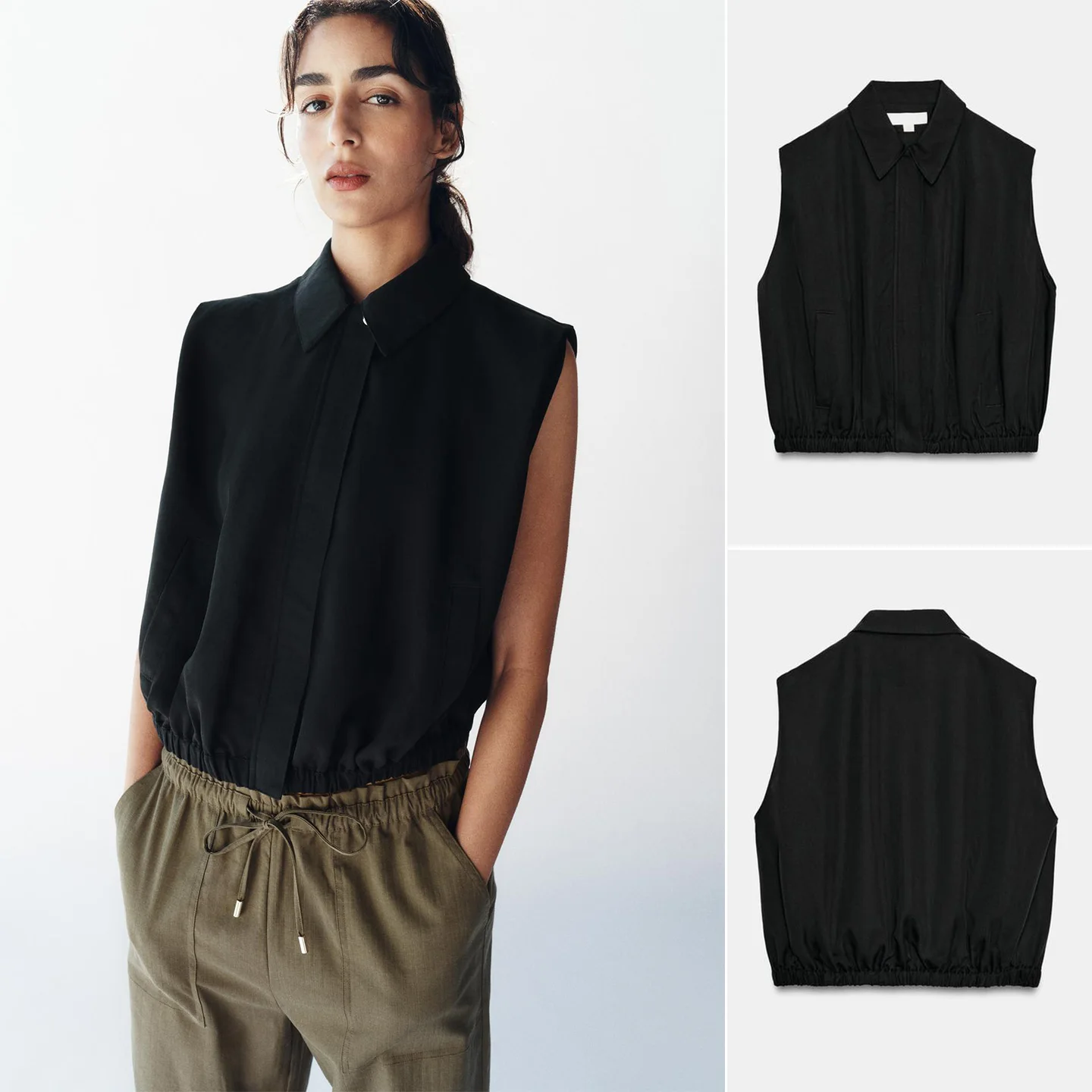 Spring Summer Women's Elastic Hem Pocket Decorated Sleeveless Collared Balloon Style Zipper Vest Polyester Fiber Short Length