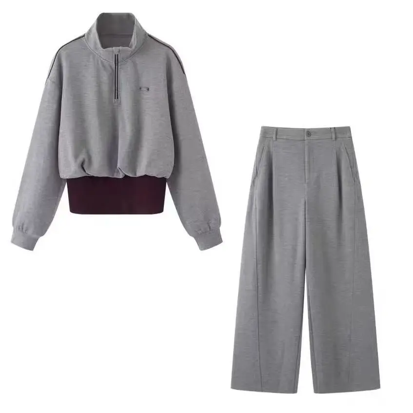 

Faionable Casual Sle Sweatirt Pants Set Stand Collar Open Design Autumn New Arrival Women's Ensemble Long Pants