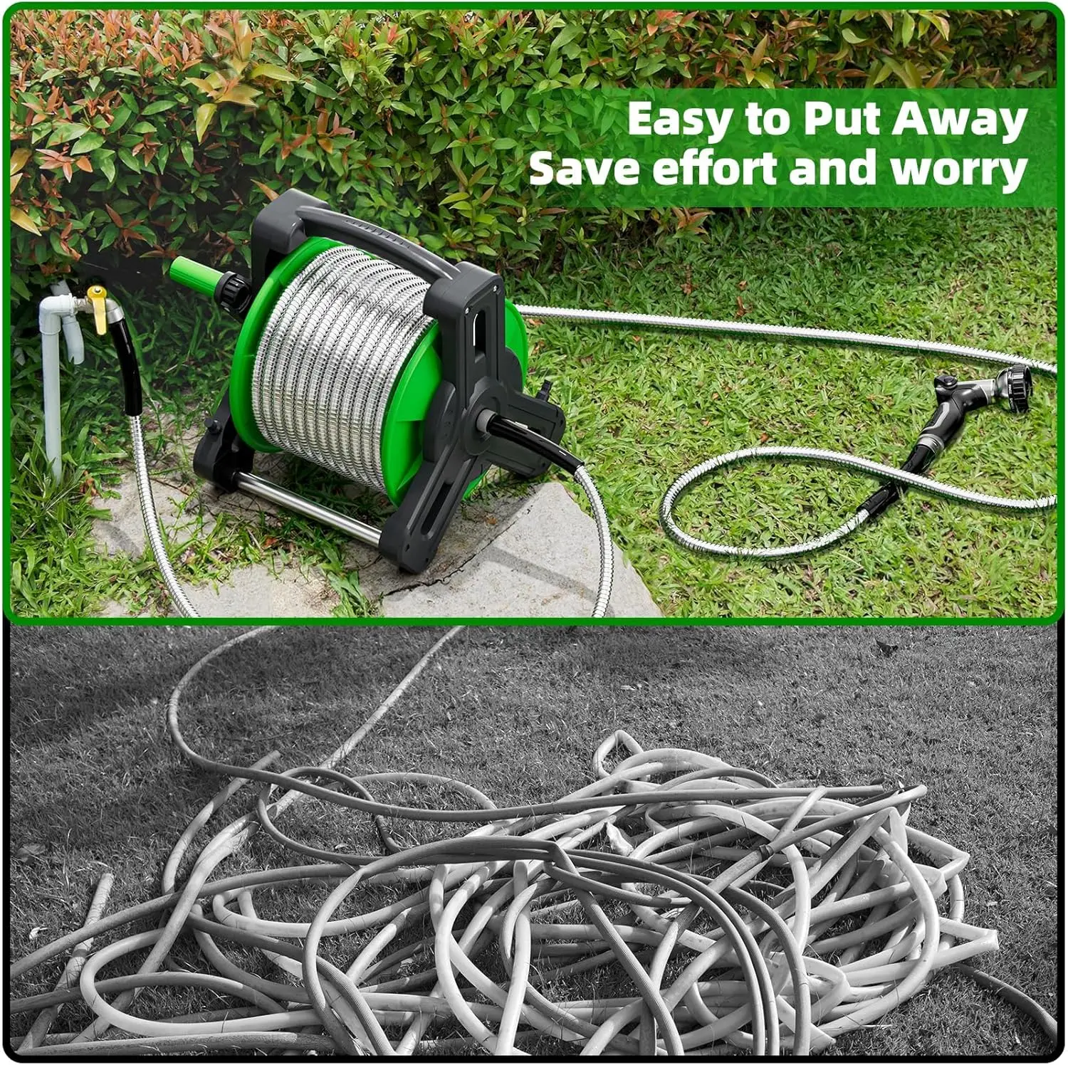 Portable Garden Hose Reel with 75ft Heavy Duty 304 Stainless Steel Water Pipe, Wall Mount Lightweight Winder Combo with Nozzle