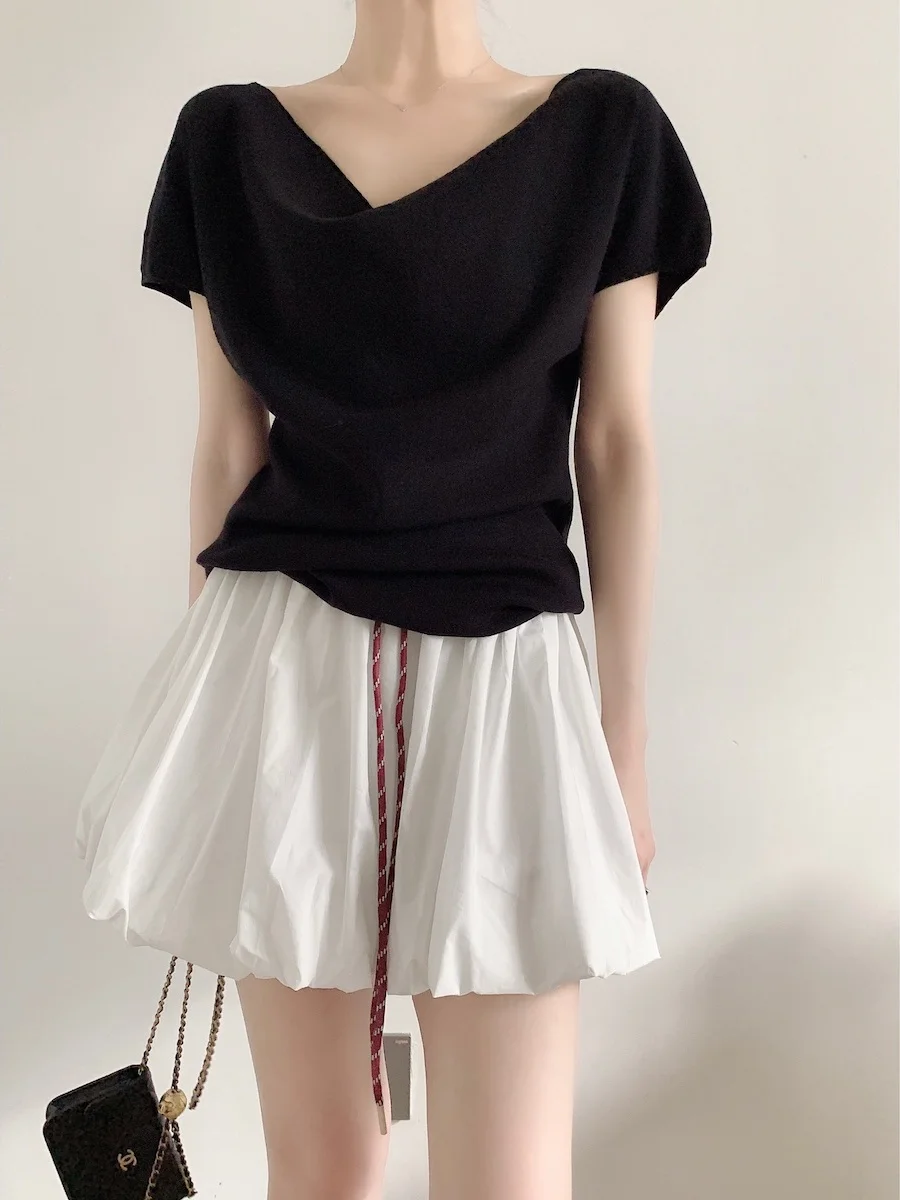 

Summer High Waist Puffy Short Skirt Black And White Flower Bud Versatile Black High Waist Puffy Skirt Half-length Skirt