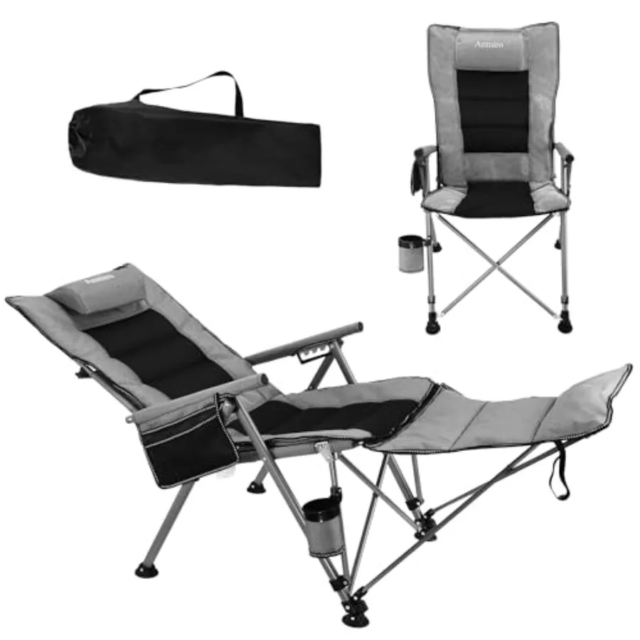 

Folding Camping Chair for adults: heavy duty steel frame black 3-in-1 with detachable footstool padded pillow cup holder carry
