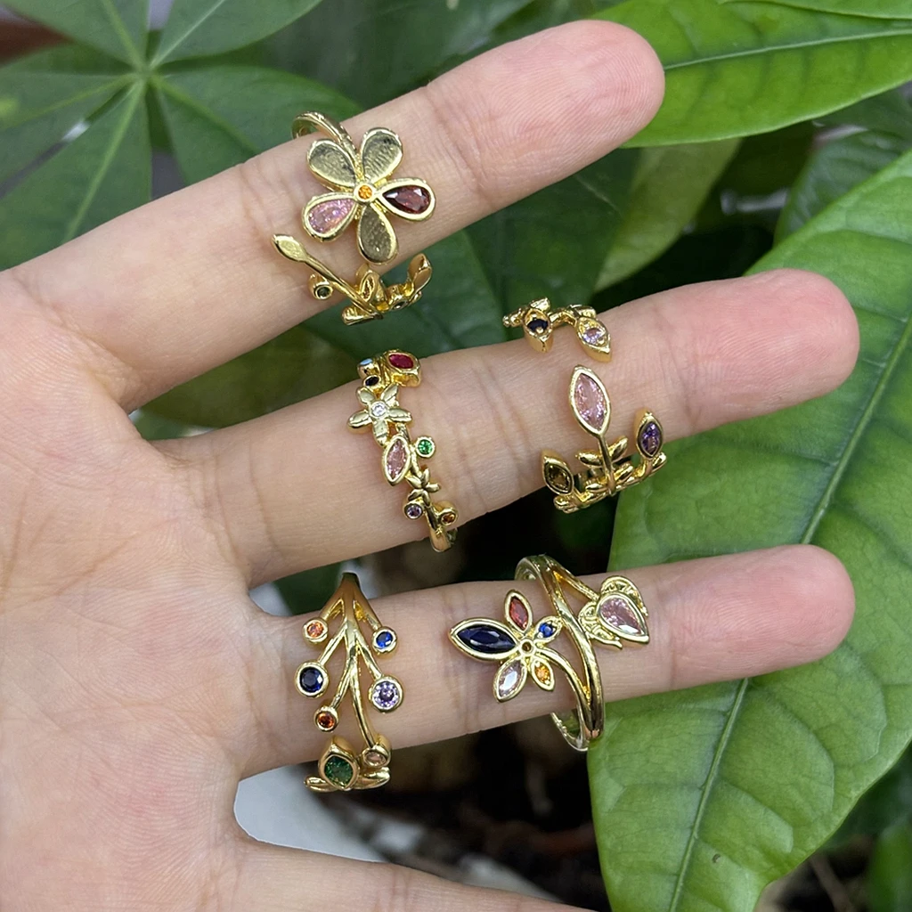 5Pcs/Branch Leaf Flower Ring 18K Gold Multicolor Zircon Adjustable Open Band Vintage Botanical Jewelry For Women