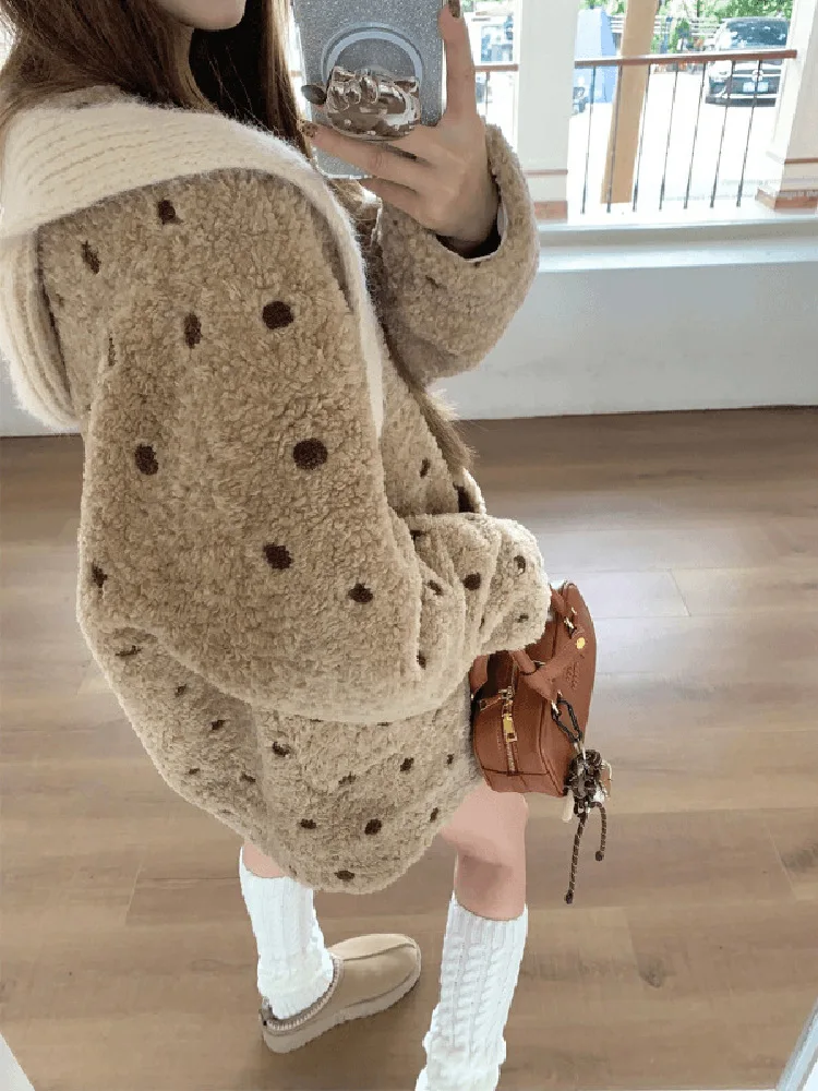 

Осень-зима Thiened Lamb Fur Jaet, женский корейский теплый теплый кардиган в горошек, верхняя одежда из искусственного меха