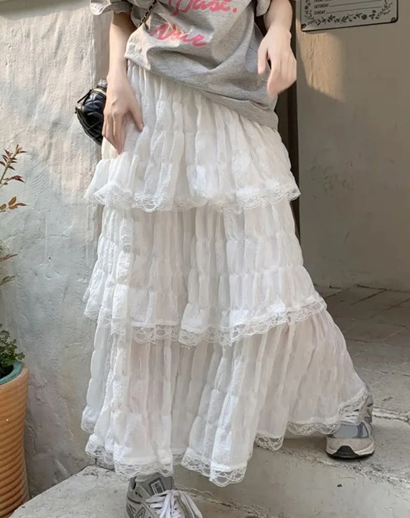 Goth Lolita Letnia Spódnica z Wysokim Stanem, Asymetryczna, Marszczona, Plisowana, Słodka Kawaii Biała Czarna Długa Spódnica Damska Koronkowa Spódnica Szydełkowa