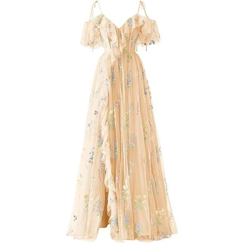Uit de schouder spaghettibandjes bloem tule ruches boho avondjurken volants lange galajurk bruiloft bruidjurk