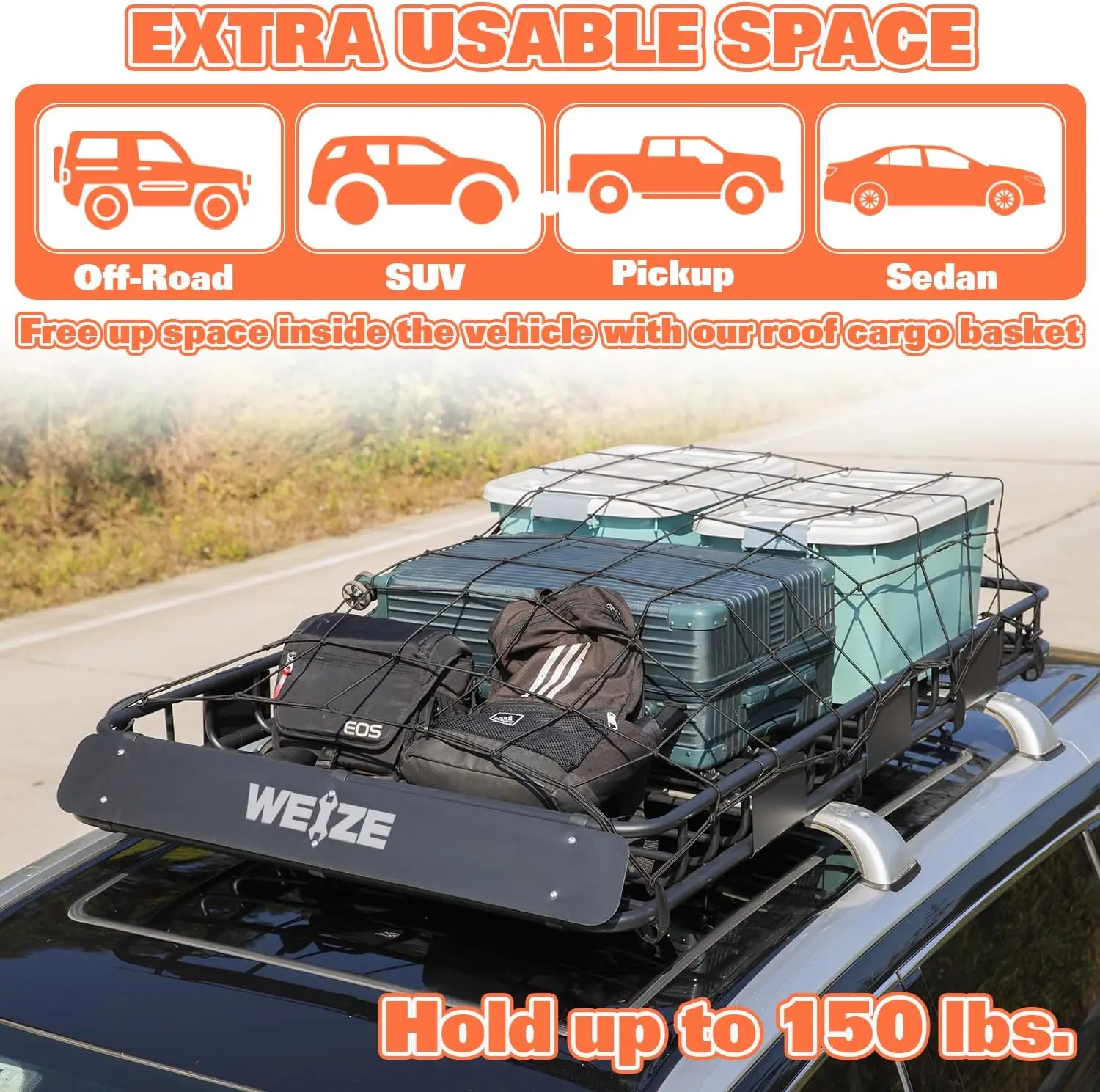 64x39 นิ้ว Heavy Duty Universal แร็คหลังคา,150Lbs ความจุบนชั้นดาดฟ้า Cargo Carrier ตะกร้า Extension, รถผู้ถือกระเป๋าเดินทาง