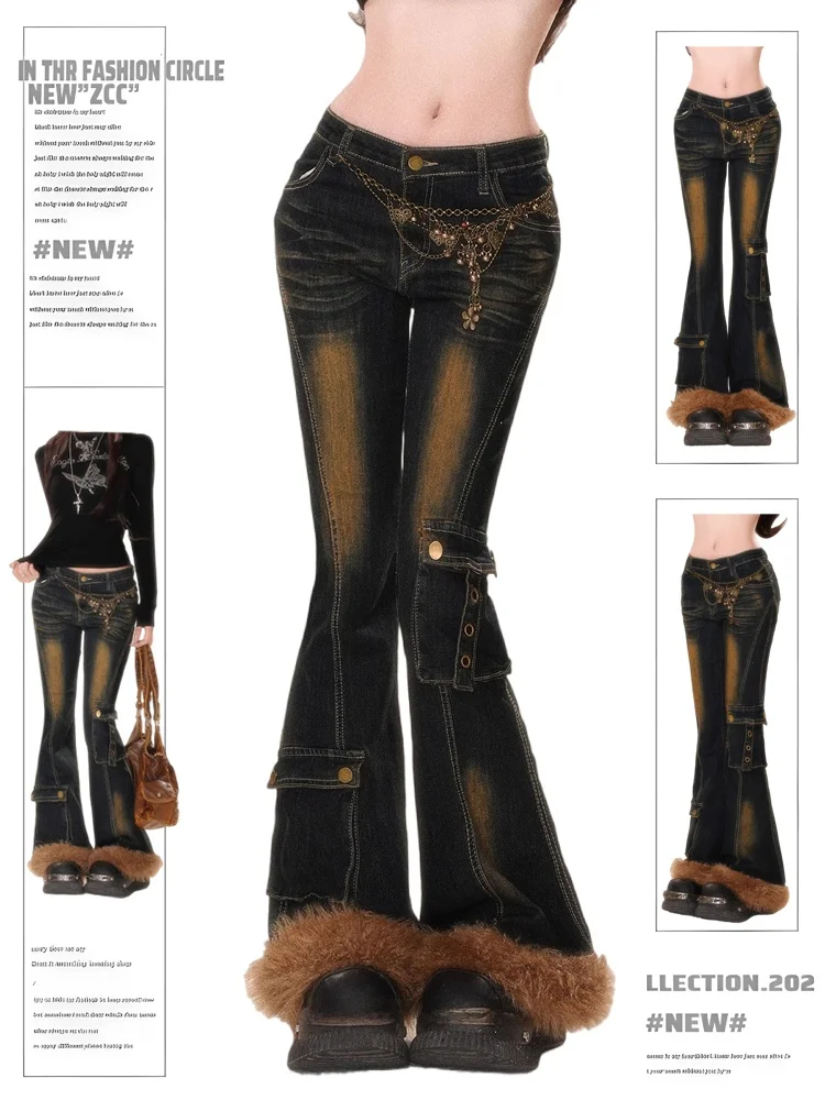 

Ретро-американские джинсовые брюки-клеш с высокой талией и меховой отделкой в клетку для женщин, облегающие, осенне-зимние, хит продаж