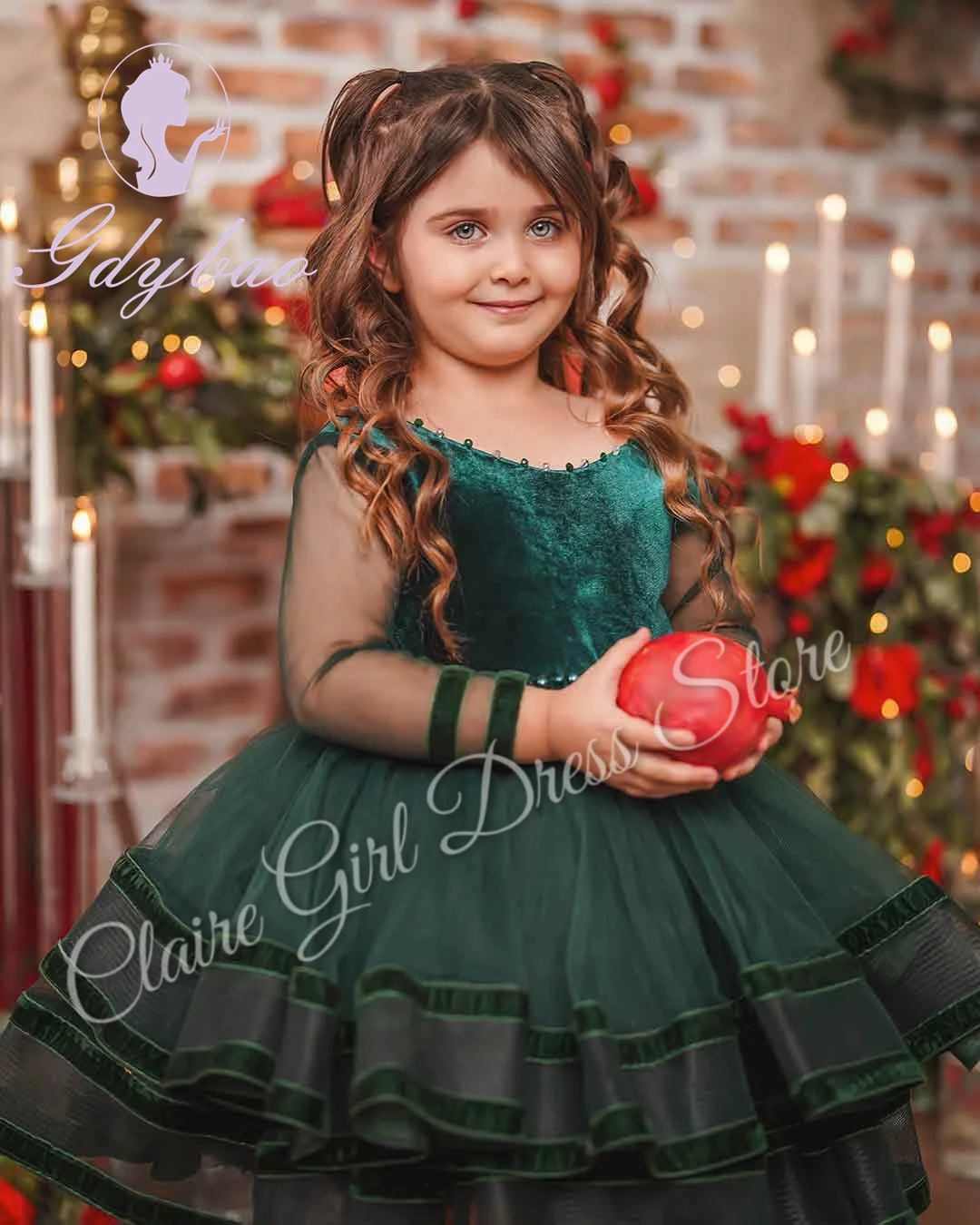 Customized Green Flower Girl Dresses For Wedding Full Sleeves Knee Length Kids Birthday Party First Communion Pageant Gown