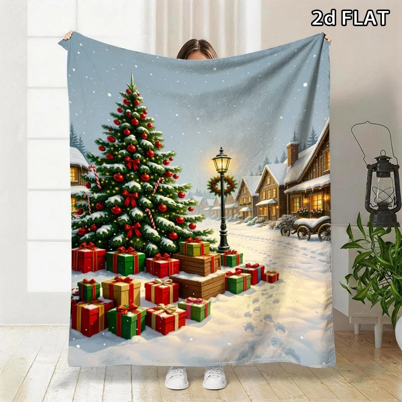 Christmas Tree Village Flannel Throw Blanket, Snowy Winter Town Soft Warm Blanket for Sofa Bed Home Decor Gift Ideas Now