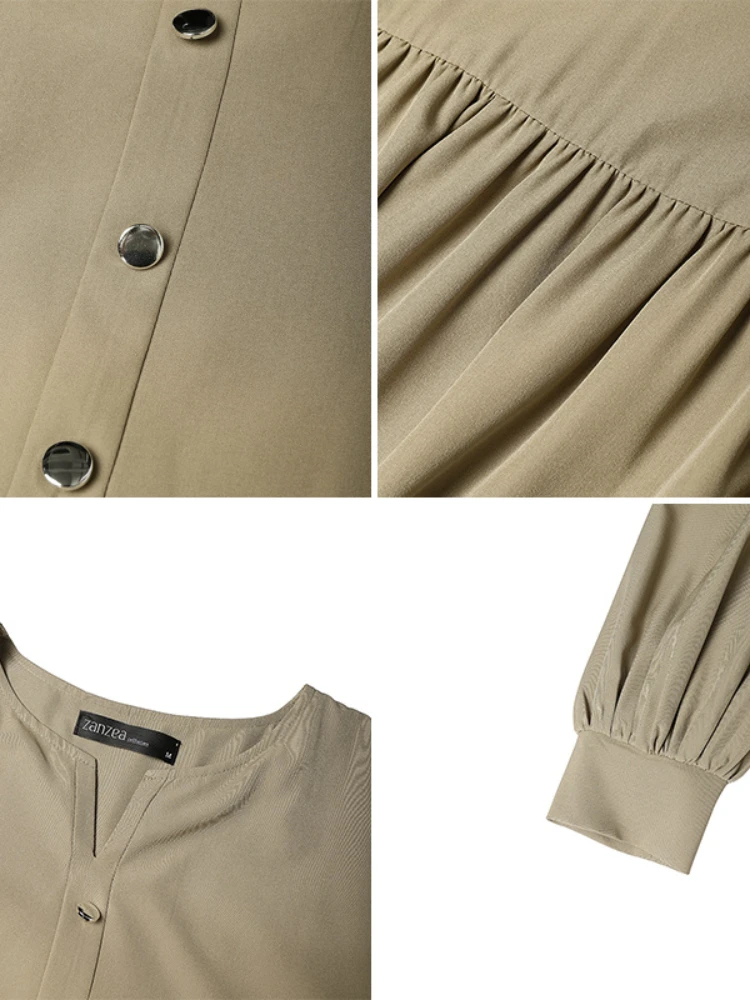 Eleganckie, swobodne sukienki maxi z efektem dwóch części, luźny krój, dekolt w serek, długi rękaw, jednolity kolor, linia A, kolekcja ZANZEA jesień 2025.