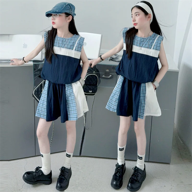 

Summer Girls Clothing Set Plaid Patchwork Print Top+Shorts Two Pieces For 5-14 Years Teenager Kids Fashion Korean Style Outfits