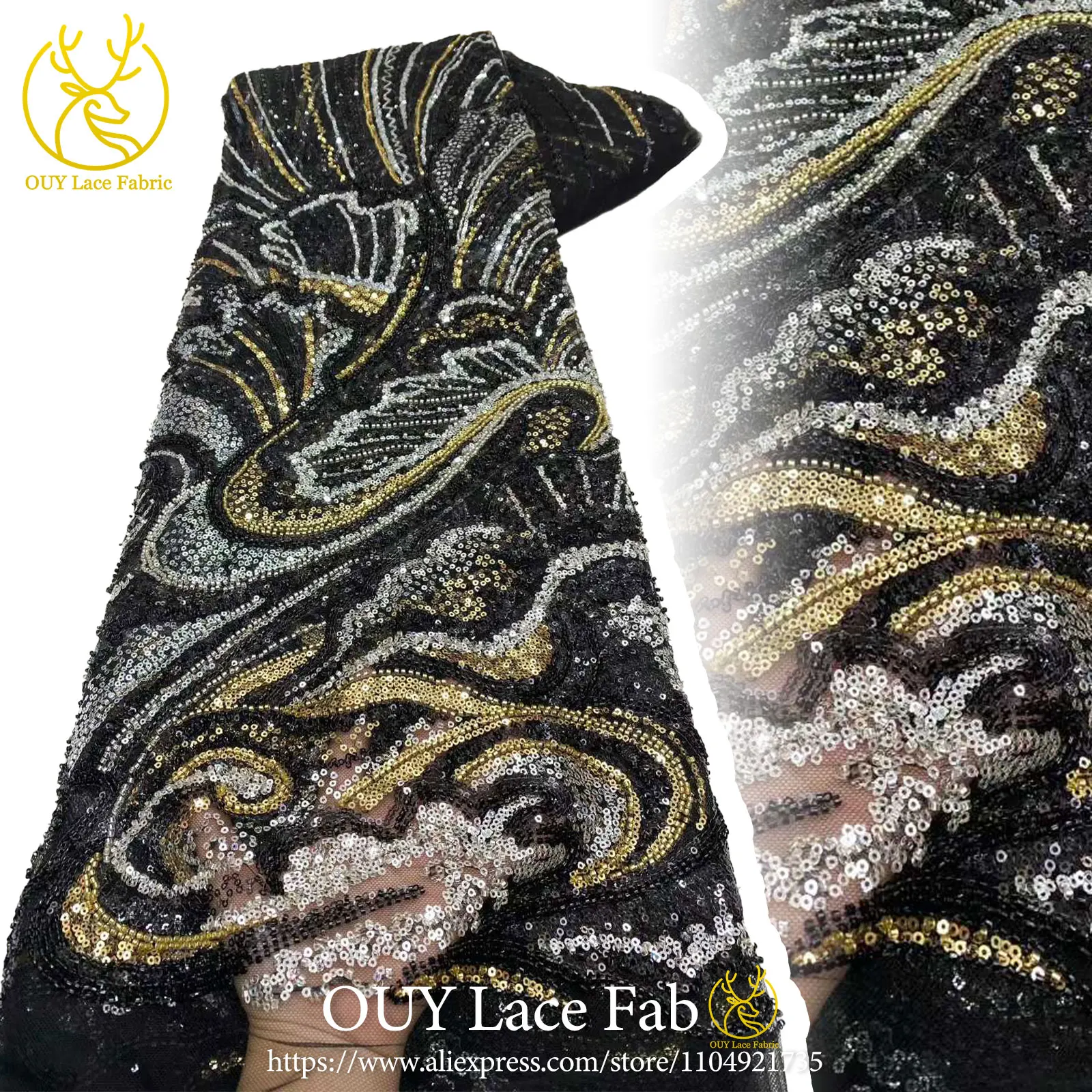 Tessuto di pizzo con paillettes in rilievo di pizzo oro nero africano di lusso 2026 Abito da sposa in pizzo nigeriano di alta qualità Materiale da cucire 5 metri